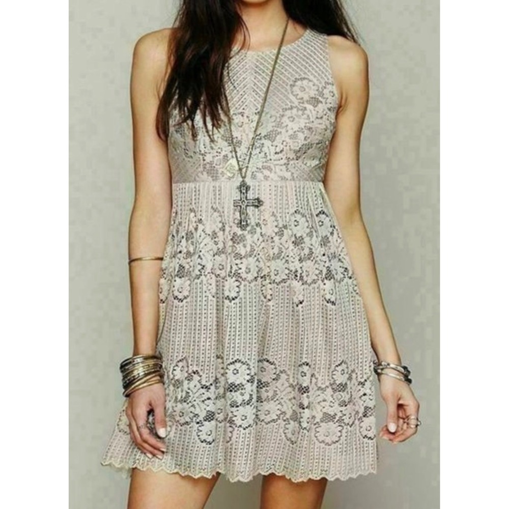 Free People Rocco Lace Mini Dress Size 4 Cream Boho Crochet Open Back